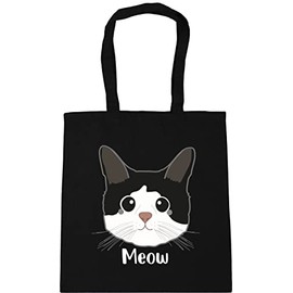 Hippowarehouse Black and white cat - meow Tote Shopping Gym Beach Bag 42cm x38cm, 10 litres