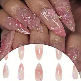 24 Pcs Medium Press on Nails Almond Fake Nails with Design 3D Drip Gel Flower Glue on False Nails French Tip Acrylic Nails Artificial Stick on Nail Art for Women