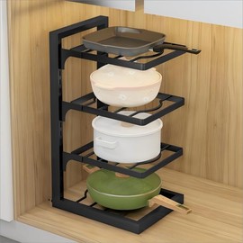 4-Tier Under Sink Storage Rack, Adjustable Pan and Pot Lid Organizer, Matte Black Metal Kitchen Cabinet Shelf, 23x36x28.2cm