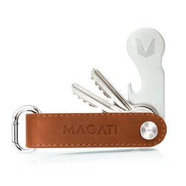 Key Organiser, Key Case Made of Real Leather, Stainless Steel with Key Finding Service, Shopping Trolley Remover, Bottle Opener, Profile Depth Gauge Cognac