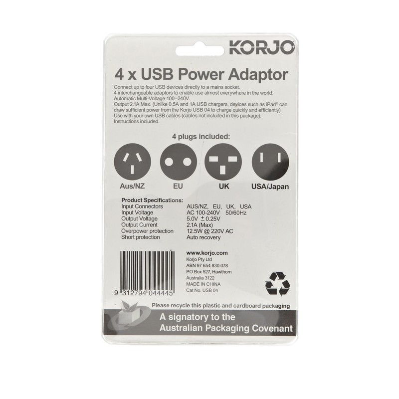 Korjo USB Power Hub, Interchangeable for EU, UK, USA, AU,
