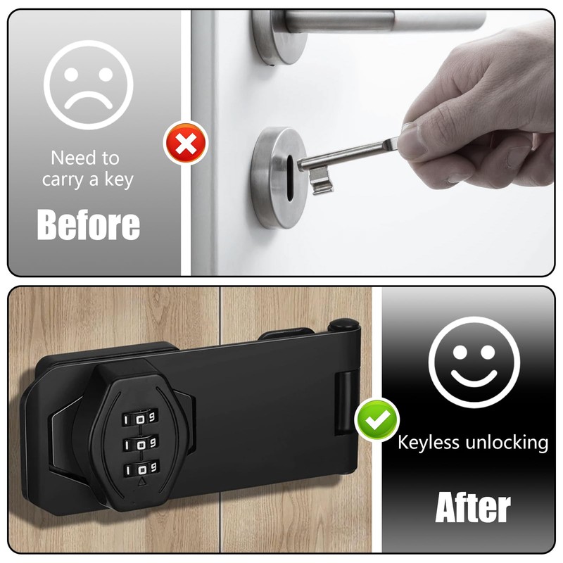 Keyless Hasp Latch Lock, 3-Digit Cabinet Combination Lock, Mechanical Password