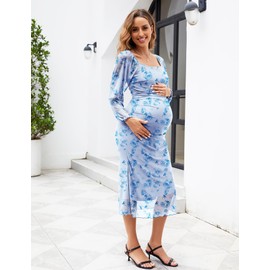 AISWI Mesh Ruched Maternity Dress Baby Shower Wedding Guest Pregnancy Shoot Fall Long Sleeves Square Neck, Light Blue Floral, Large