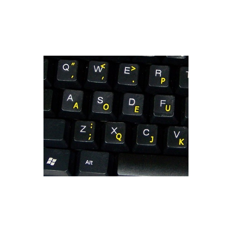 Dvorak Simplified New Keyboard Decals with Yellow Lettering ON Transparent