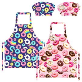 TOPWAYS 2PCS Kids Aprons, Chef Hat Set Children Apron, Doughnut Print Children's Apron Adjustable with 2 Pockets for Cooking Baking Painting Wear (2PCS Doughnuts)