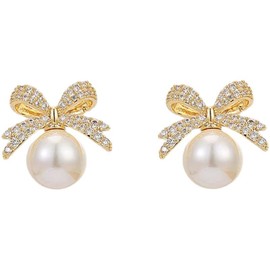 Qiansail Bow Earrings for Women, Gold Pearl Pendant Stud Earring Elegant Bowknot Preppy Jewelry Gifts Stocking Stuffers (Gold)
