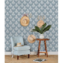 Flourish Block Print Mineral Blue Faux Grasscloth Peel and Stick Wallpaper, SSS6309