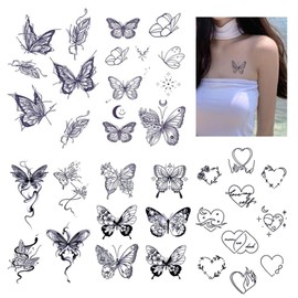 Jagua Tattoo Stickers 2 Weeks Tattoos Set of 5 Waterproof Korean Henna Tattoo Butterfly Flower Heart Waterproof Long Lasting Fashion Cute Women Tattoo Sticker Easy to Apply on Body, Shoulder, Neck,