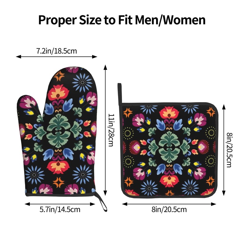 Oven Mitts and Pot Holder Set with Flower Pattern for