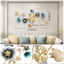 Axioglo Large Wall Clock,3D Creative Metal Ginkgo Leaf Decoration Clock, with Silent Movement Decorative Wall Clock,Large Wall Decor, for Living Room Bedroom Kitchen Office（32''x18'' ）