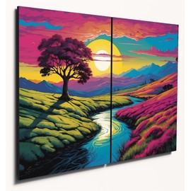 The Plum Penguin Pop Art Moorland Landscape A4 Wood Wall Art Set - Andy Warhol Style Home Decor Canvas Alternative 40 x 30cm