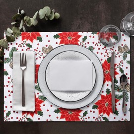 Urban Villa Christmas Placemats Pine Cone Print 100% Cotton Fused Placemats 14''x 20'' Over Sized Set of 6 Every Day Use Heavier Quality Placemats