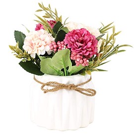 SUPNIU Ramo de hortensias artificiales con pequeño jarrón de cerámica de seda falsa variada, flores para decoración de mesa, hogar, fiesta, oficina, boda (blanco)