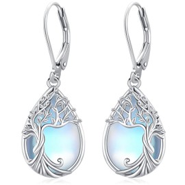 Odinstone Tree of Life Moonstone Earrings Teardrop Dangle Drop Leverback Earrings 925 Sterling Silver Hypoallergenic Family Tree of Life Earrings Jewelry for Women
