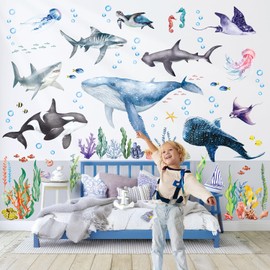 DECOWALL Large Sea Life Wall Sticker Removable Decal Kids Under The Sea Ocean Bathroom Bedroom Fish Nursery Decor Turtle Art Baby Room Peel and Stick Kindergarten Nursery Nursery Gift SG3-2430