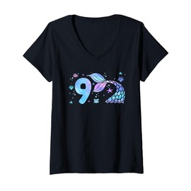 Womens 9th Birthday Shirt Girl Nine 9 Year Old Mermaid Bday Party V-Neck T-Shirt