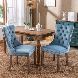 Merax Velvet Dining Chairs Set of 2, Upholstered High-end Tufted Dining Room Chair with Wood Legs Nailhead Trim for Kitchen (2-Pcs Set, Light Blue)
