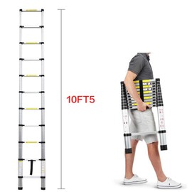 10.5 Feet Telescoping Extension Ladder Aluminum for Attic Loft Home Office RV Light Weight Multi Function Retractable Stepladder Anti Slip Rubber Feet
