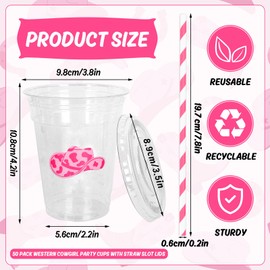 FYSUIMU 50Pcs Western Cowgirl Disposable Plastic Cups with Lids and Straws 12Oz Pink Preppy Cowboy Boot Hat Cold Beverage Drink Cup for Rodeo Birthday Party Supplies