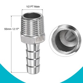 sourcing map Hose Barb Fitting 13mm OD x 1/2PT Male Thread 304 Stainless Steel Straight Pipe Connector for Water Air Fuel, Pack of 2