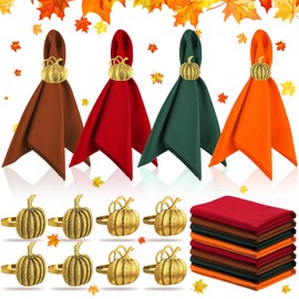 16 Pcs Fall Thanksgiving Napkin Ring Set 8 Pcs Napkin Rings and 8 Pcs Washable Thanksgiving Dinner Napkins for Fall Party Holiday Kitchen Table Decoration for Autumn Party Supplies (Pumpkin)
