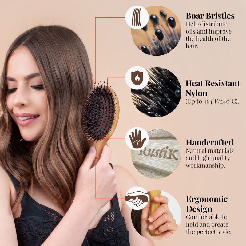 Boar Bristle Oval Hair Brush by RustiK, Eco Friendly, Detangling,