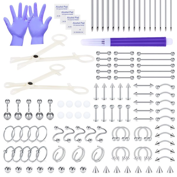 JIESIBAO 120PCS Piercing Kit,Piercing Needls Clamps Kit Stainless Steel 14G 16G Ear Double Nose Rings Septum Tragus Cartilage Helix Daith Tongue Eyebrow Belly Rings Piercing Jewelry Tool Kit