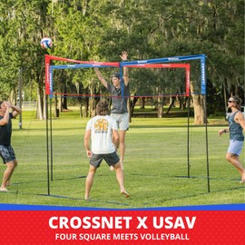 CROSSNET 4-Way Volleyball Net with Carrying Backpack & Ball - 4 Square Volleyball Game Set for Adults and Kids - Quick Assemble Outdoor Game - Four Square Volleyball Net - Backyard Yard Games & Gifts