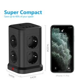 JSVER Steckdosenleiste USB 8 Fach Steckdosenturm(16A) Mehrfachsteckdose mit 4 USB(17W) mit Schalter verteilersteckdose für Büro, zu Hause oder auf Reisen 2m Kabel - Schwarz