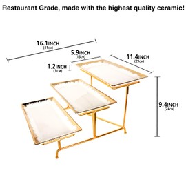 jinsongdafa 3-Tiered Serving Rack with Ceramic Tray, Foldable Gold Stand with 3-PCS 11.4 Inch Gold Rim Plates, for Food Display, Fruit, Dessert，Decoration for Parties Entertaining