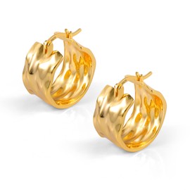 ASH'S CHOICE Gold Hoop Earrings for Women Hammered Earrings 14K Goldplated Wide Flat Hoop Earrings Lightweight Chunky Gold Earrings 925 Sterling Silve Cartilage Huggie Earrings for Women