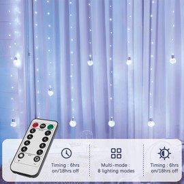 Minetom 185 LED Wishing Ball Curtain Lights - Fairy String Lights with Remote, USB Battery Powered Waterproof for Christmas Wedding Party Bedroom Decoration, White