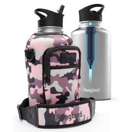 RANGLAND Insulated 64 Ounce Filtered Water Bottle for Women with Crossbody Carrier Bag - Sport Straw Lid, Carbon Filter, Neoprene Sleeve w/Carrying Shoulder Strap (Stainless Steel) Camo Pink
