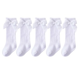 PythJooh 5Pairs Baby Girl Knee High Socks with Ribbon Bow Girls Back to School Knee High Socks White Grey Stockings for 0-7Years