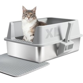 Stainless Steel Cat Litter Box with Lid, XL Metal Litter Box, Extra Large Litterbox for Big Cats, High Sided | Easy Cleaning | Odor-Free Includes Scoop and Mat
