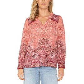 Liverpool Los Angeles Long Sleeve V-Neck Popover Woven Blouse - Top for Women - Viscose Fabric - Straight Hem Mauve Ombre Paisley MD One Size