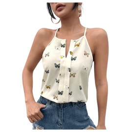Floerns Women's Butterfly Print Notch Neck Camisole Sleeveless Casual Cami Tops Beige Multi Small