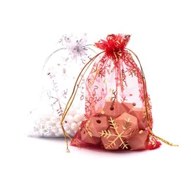 MaoNativey Pack of 50 Organza Jewellery Bags, Snowflake Organza Bags with Drawstring, 9 x 12 cm, Perfect for Wedding, Christmas, Birthday, Anniversary