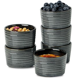 Hasense Ramekins 8 oz Oven Safe for Creme Brulee, Ceramic Souffle Dish Oven Safe Set of 6,Porcelain Dipping Sauce Bowls for Pudding, Creme Brulee, Souffle, Serving Dip, Custard, Ice Cream, Grey