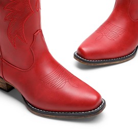 DREAM PAIRS Cowboy Boots for Women Cowgirl Western Mid Calf Boots Square Toe Embroidered Stitched Low Chunky Heel Pull On Fashion Boots,Size 8,Red,DWUMMB2507
