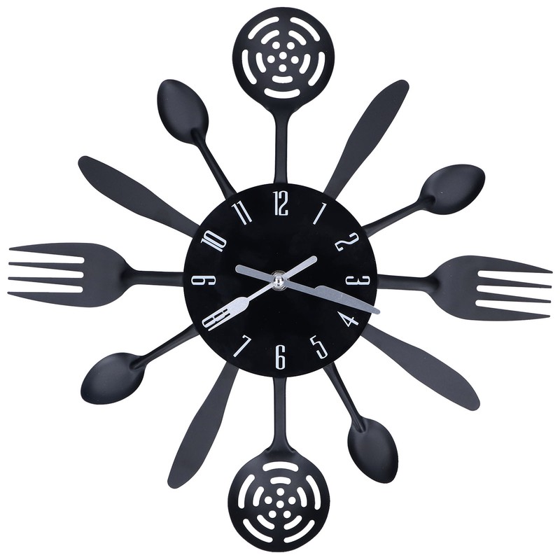 Black Kitchen Wall Clock Removable Modern Cutlery Kitchen Spoon Fork