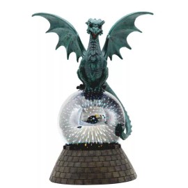 Teal Monarch Dragon Perching On LED Optic Plasma Ball With Battlement Wall Base