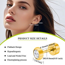 Artskin Women Stud Earrings Titanium Flatback Earrings Hypoallergenic Crystal Earrings Silver Cartilage Earring 3mm/4mm/5mm-Silver/Black/Gold/Pink (Pink-UK)