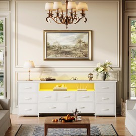 Huuger 63 Inch TV Stand for 65, 70 Inch TV, 11 Drawer Long Dresser with Power Outlets and LED Lights, Entertainment Center with Storage, White Dresser with PU Leather Surface