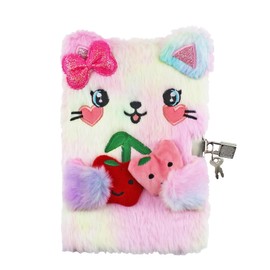 Amonk Secret Diary with Lock for Girls, Fuzzy Cat Kids Journal Tie-Dye Notebook for Writing and Drawing, Hardcover Fluffy Secret Diary with Stickers