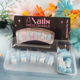 Summer Beach Press on Nails Shell Acrylic Full Cover Fake Nails French Tips Stick on Nail 24Pcs Ocean Gel Glue on Fingernails Glossy Silver Glitter Short Square False Nail for Holiday Manicure Art