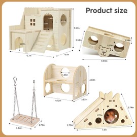 Hamster Toys 5-Piece Set,Hamster House, Swing, Climbing Ladder,Seesaw & Exercise Wheel,Pet DIY Sport Exercise Toys Set,Small Animal Habitat Accessories,Gerbils, Mice(Natural Wood) TT