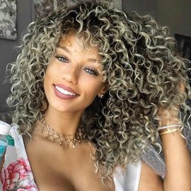 PORSMEER 14 Inch Kinky Curly Wigs for Black Women Afro Bomb Curly Wig with Bangs Synthetic Fiber Glueless Long Deep Wave Hair (Black to Blonde)