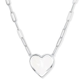 18K Gold Plated Heart Necklace for Women | Mother of Pearl Love Jewelry with Paperclip Chain (White Silver)