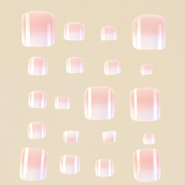 24Pcs Pink White Gradient Press on Toenails Short Square Gradient False Toenails, French Pink White Fake Toe nails Summer Glossy Stick on Nails for Women